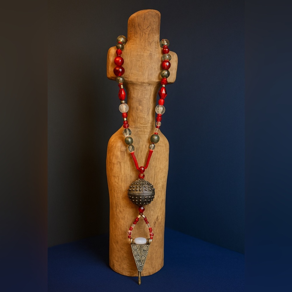 Elegant Red and Silver Glass Beaded Necklace with Pendants